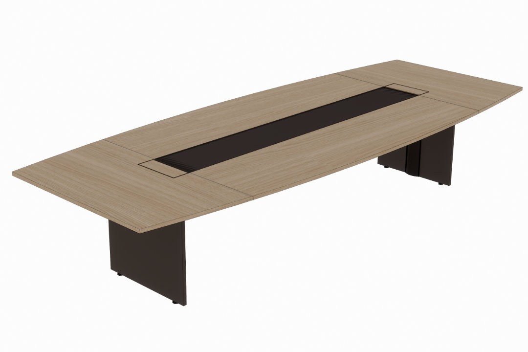 Mesa de reunião formato canoa com detalhe em vidro Versatile